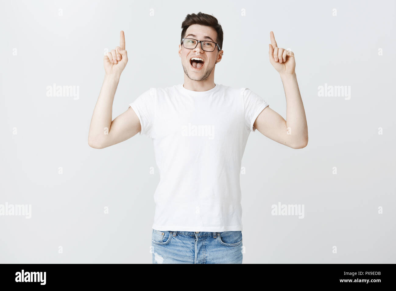 Jaw drops as prise falls. Portrait of impressed excited and joyful