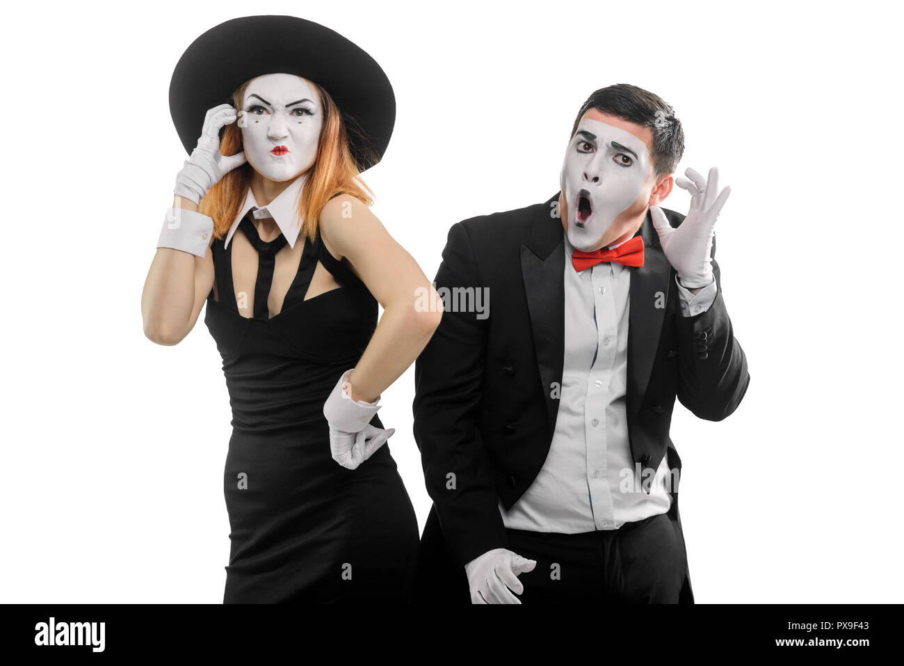 Phone quarrel between two mimes Stock Photo