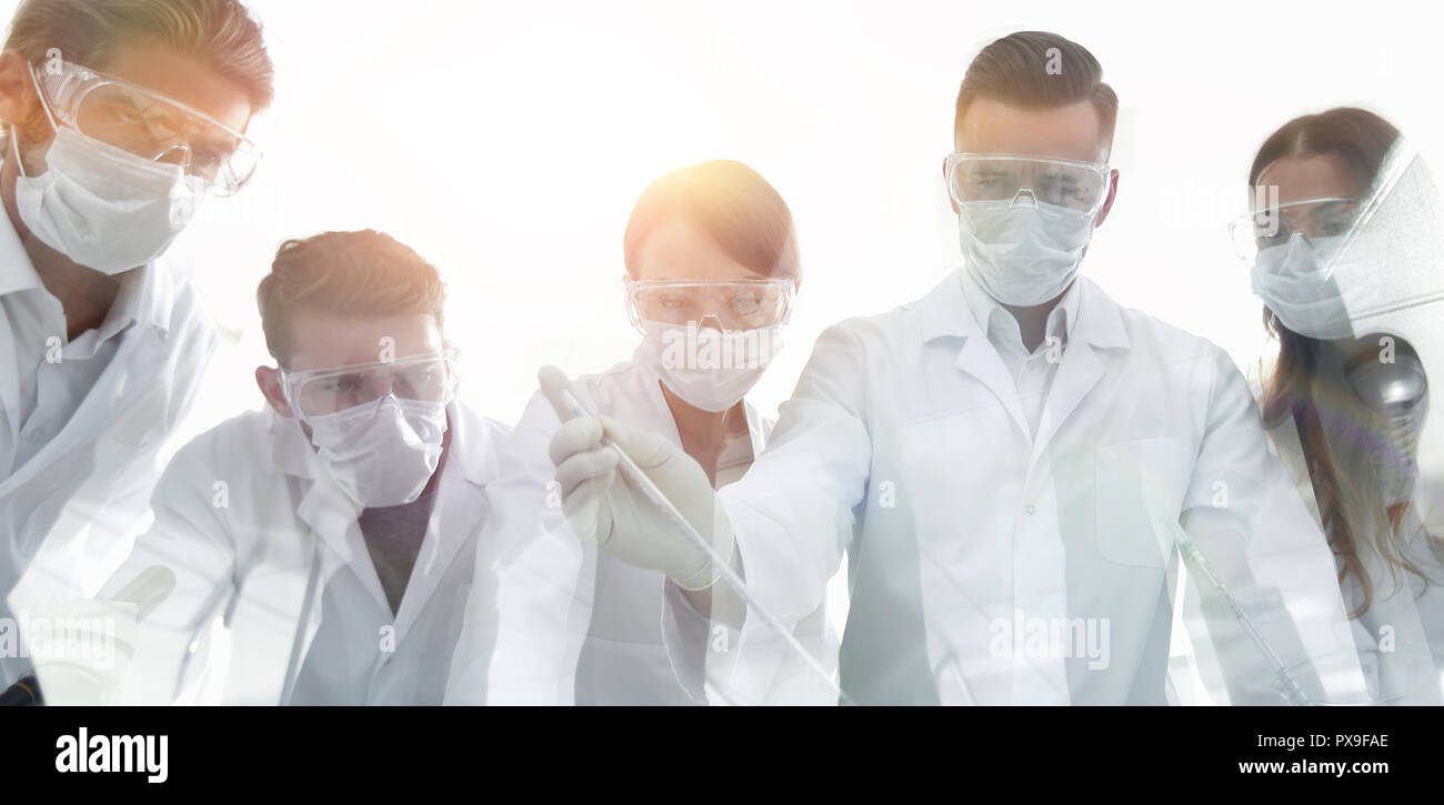 group of scientists working with test tubes and microscope in the ...