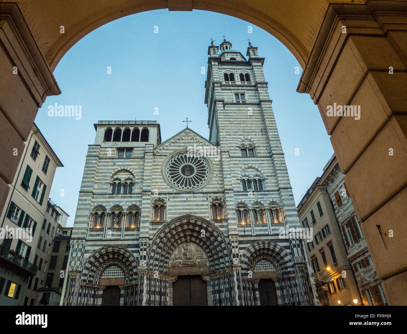 Cattedrale di San Lorenzo (Cathedral of St Lawrence) in the evening, a roman catholic church in the port city of Genoa, Liguria region, Italy. Stock Photo