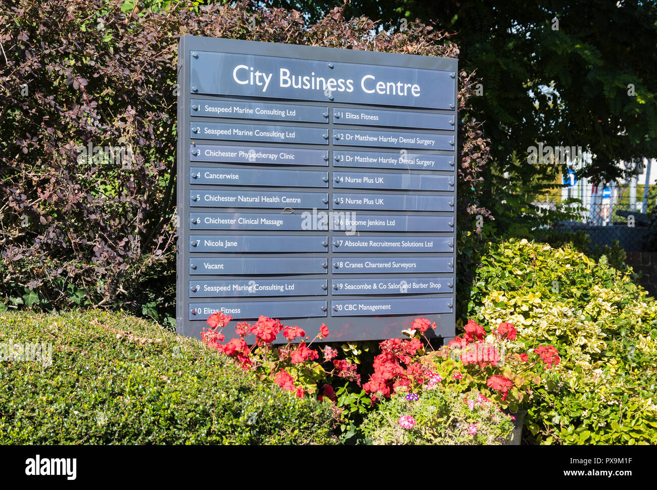 City Business Centre sign showing a list of businesses in the centre, in Chichester, West Sussex