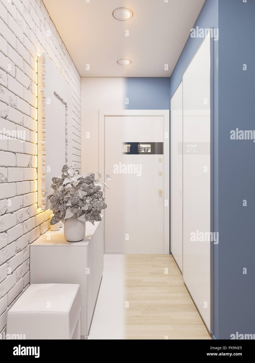 3d illustration of the interior design of an apartment in Scandinavian style. Architectural visualization of the interior hallway in white colors ambi Stock Photo