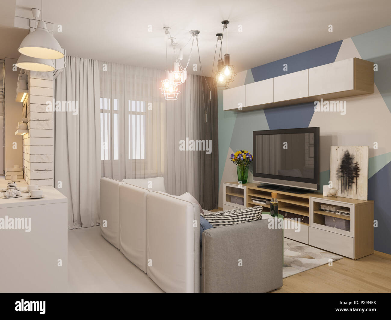 3d Render Living Room And Kitchen Interior Design Modern