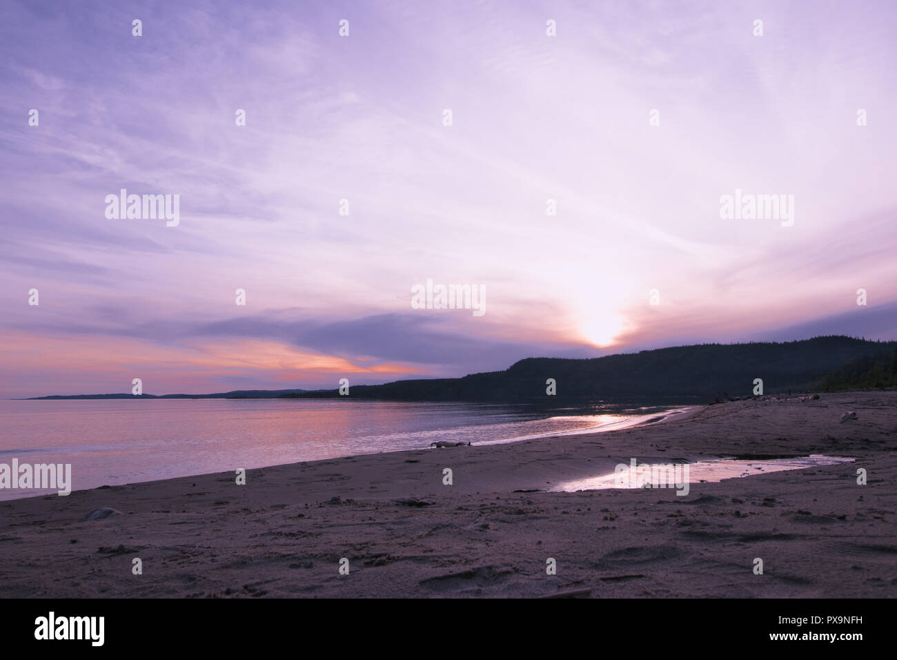 Purple Sunset on Superior Lake,  Neys Provincial Park, Ontario, Canada Stock Photo