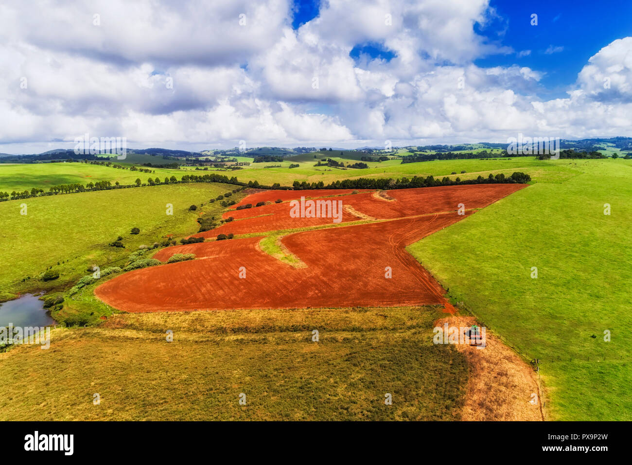 Tractor works in a field on red australian soil on hillside near green cultivated pasture around Dorrigo regional agricultural town in NSW. Stock Photo