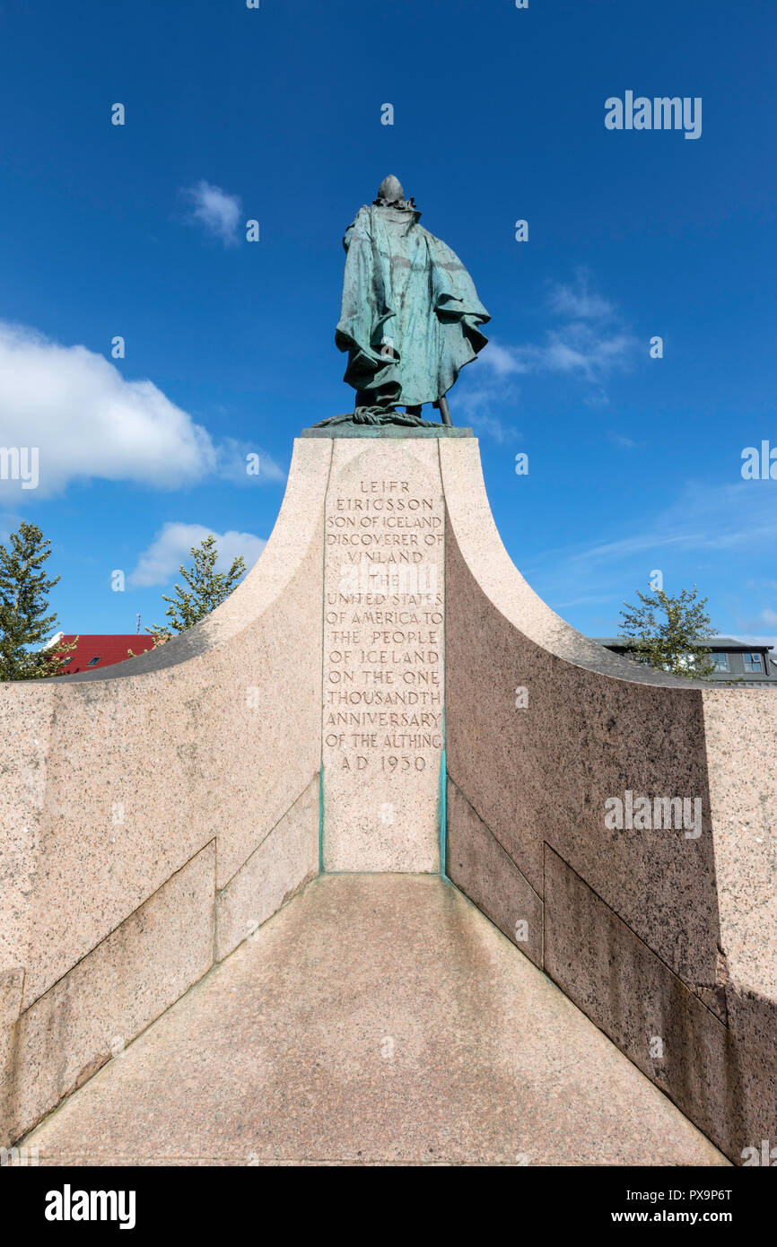 Statue of Leifr Eiricsson at Hallgrímskirkja, the largest Lutheran church in Reykjavík, Iceland. Stock Photo