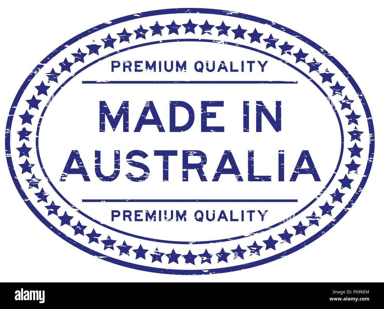 Grunge blue premium quality made in Australia with star icon oval rubber stamp Stock Vector