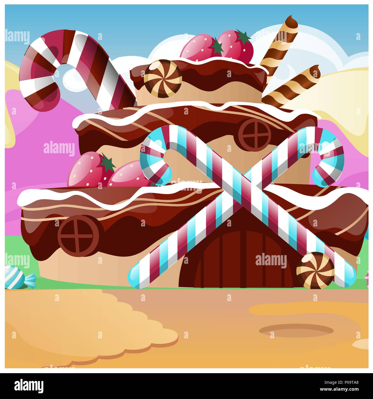 Cute poster with a cake in the shape of a house. Vector cartoon close-up illustration. Stock Vector