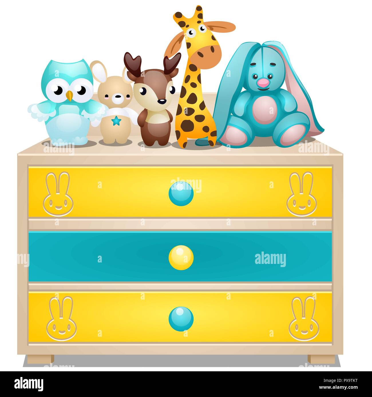 Childrens Chest Of Drawers With Plush Toys Isolated On White