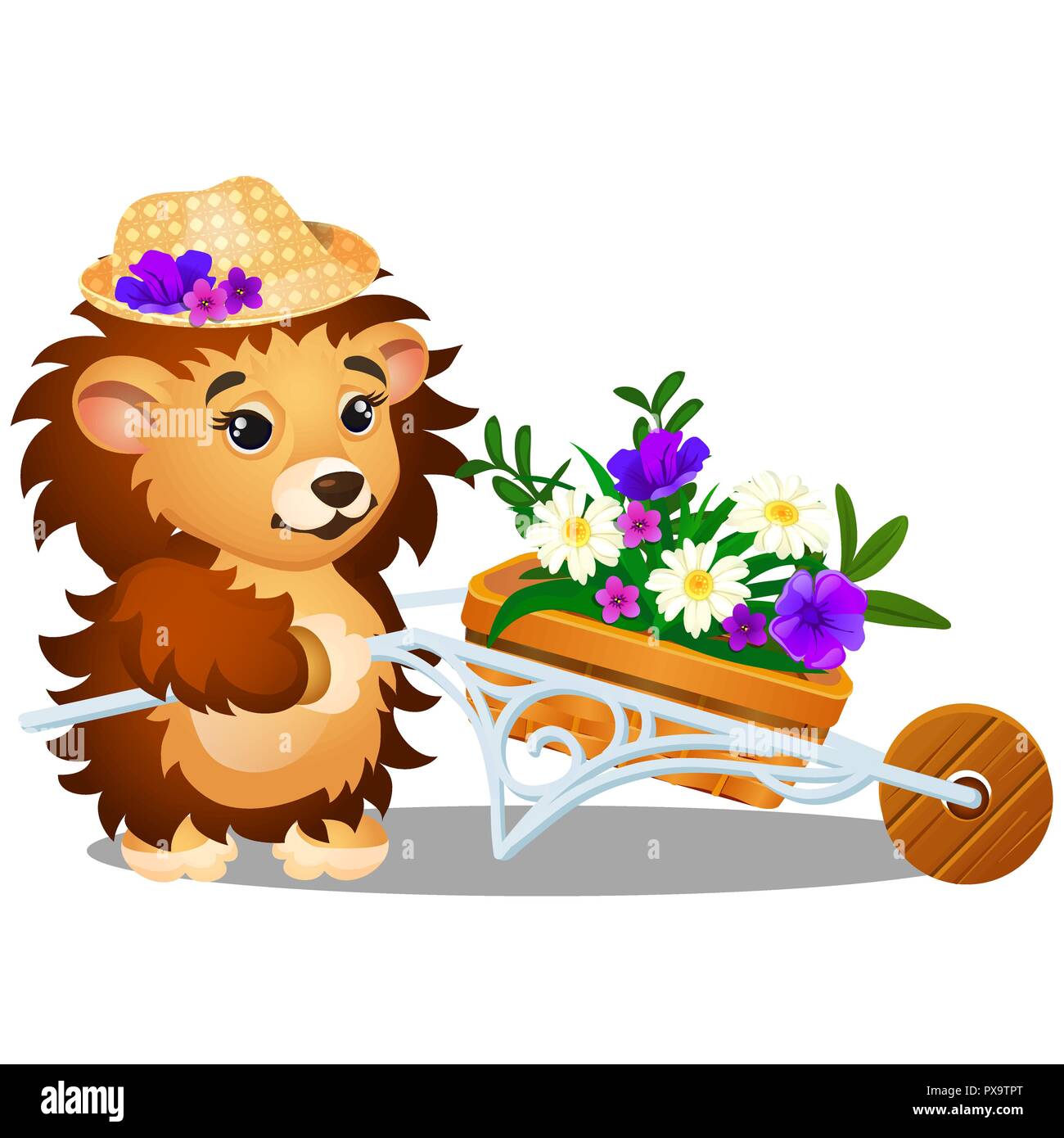 Fluffy hedgehog in the garden carries a wheelbarrow of fresh flowers isolated on white background. Vector cartoon close-up illustration. Stock Vector