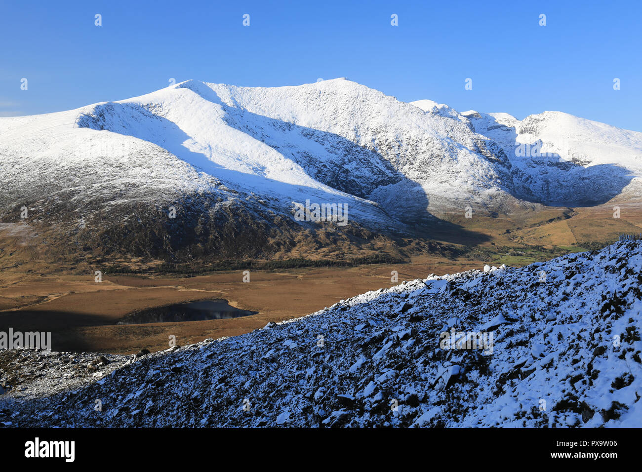 irelands second highest mountain covered in winter snow, wild atlantic way, county kerry, ireland Stock Photo