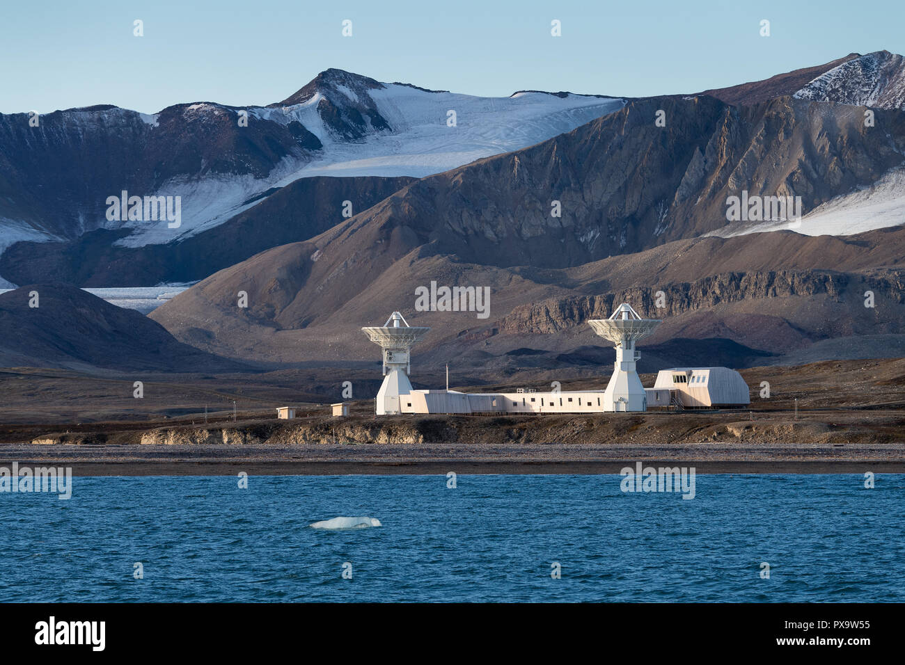 Northernmost observatory in the world with twin telescopes, Ny-Ålesund, Spitsbergen Island, Spitsbergen Archipelago Stock Photo