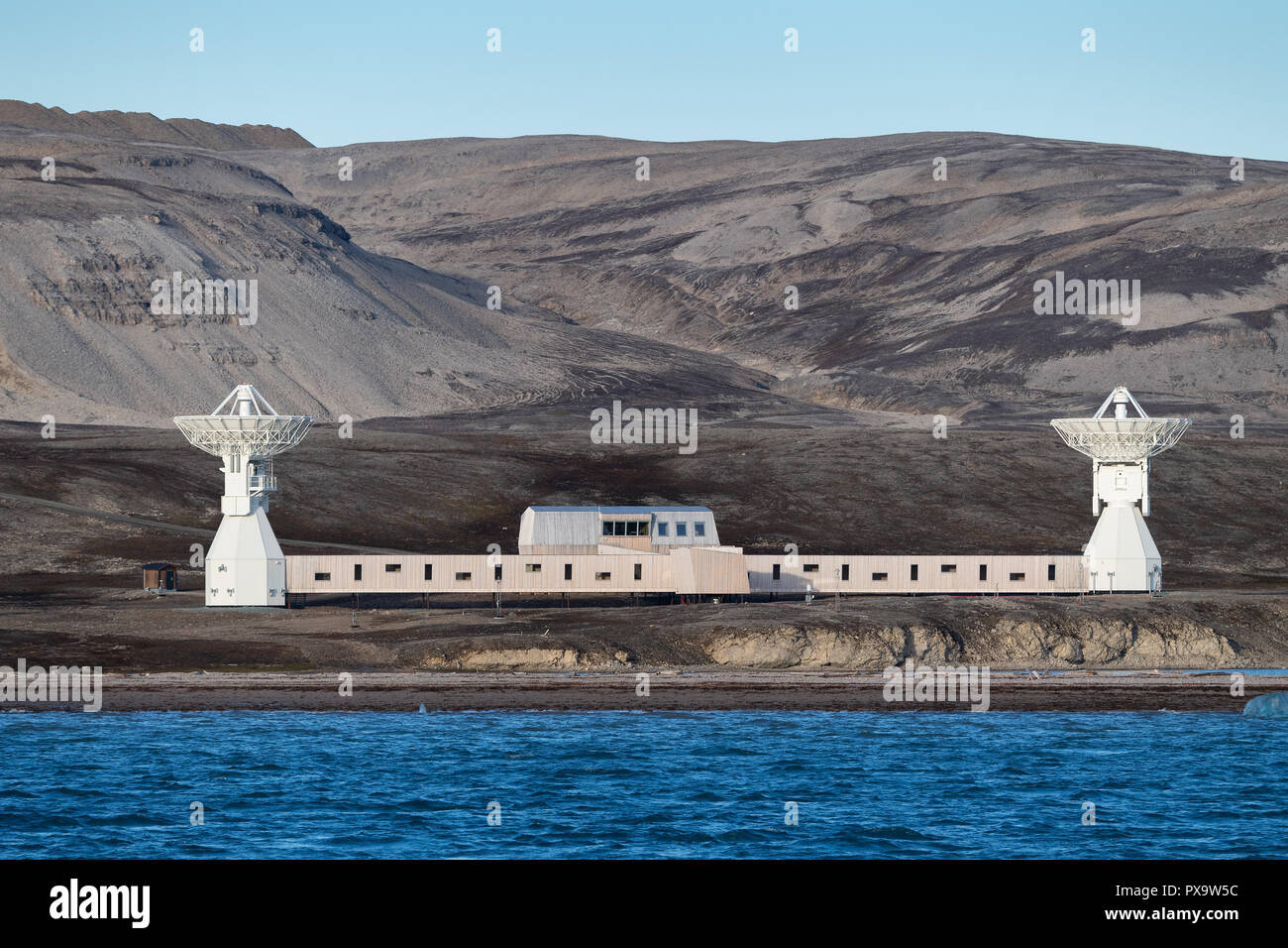 Northernmost observatory in the world with twin telescopes, Ny-Ålesund, Spitsbergen Island, Spitsbergen Archipelago Stock Photo