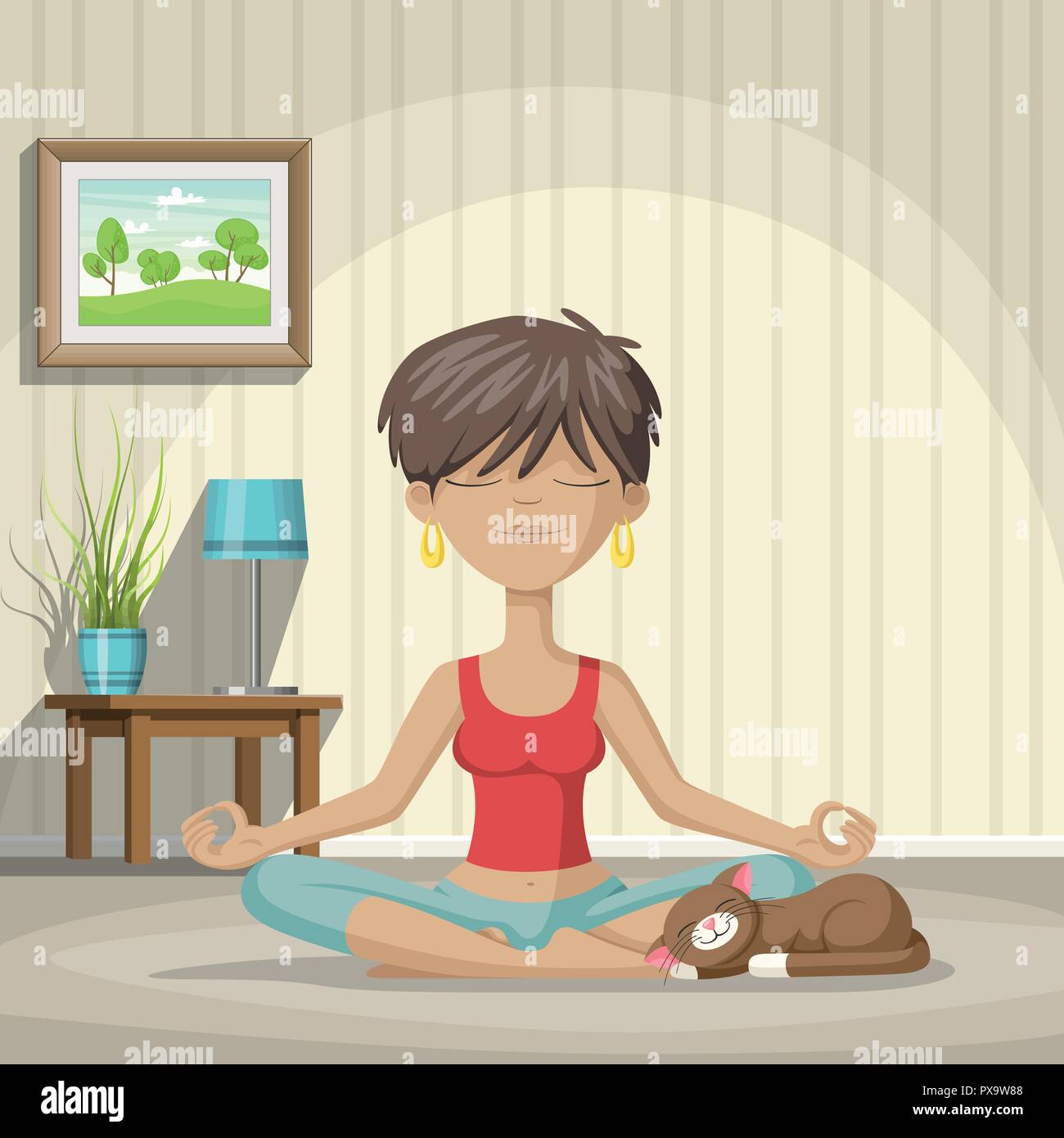 A young woman practices yoga in the living room Stock Vector