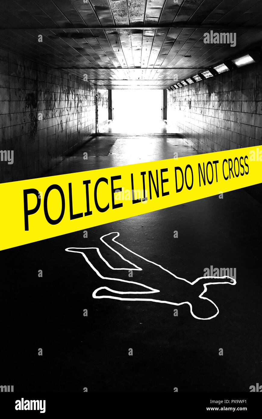 underpass with a police tape and chalk outline of a human body on the pavement Stock Photo