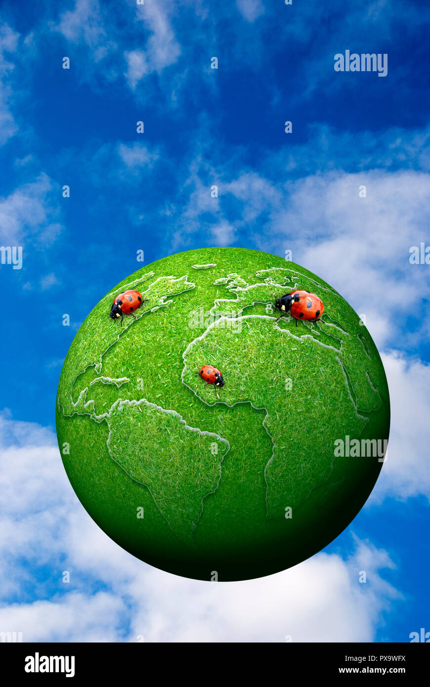 ladybugs on a green earth planet, environment protection concept Stock Photo