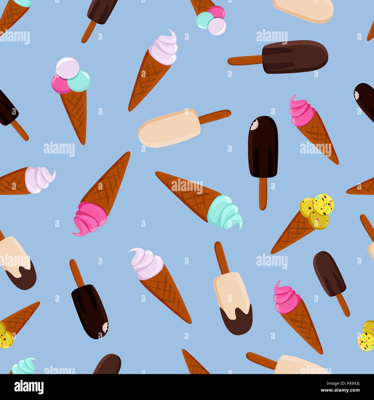 Ice cream seamless pattern. Different sundae flavors on blue background. Stock Vector