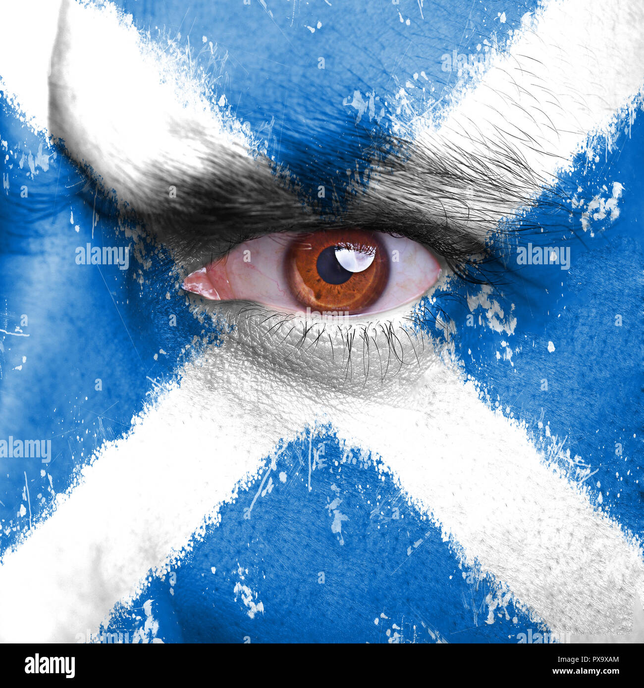 Scotland flag painted on angry man face Stock Photo