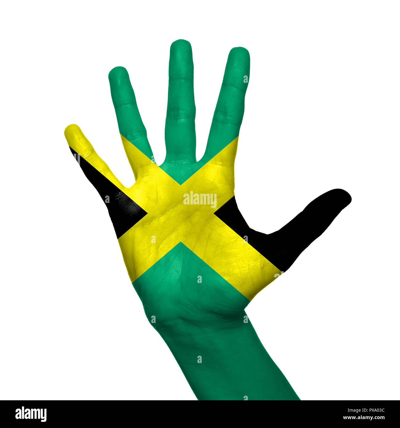 Jamaica flag painted on hand over white background Stock Photo