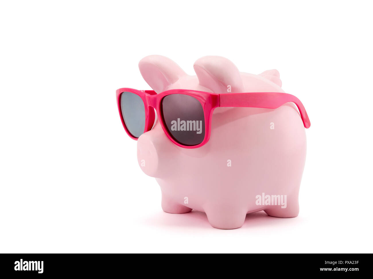 Piggy bank with pink glasses on white background Stock Photo - Alamy