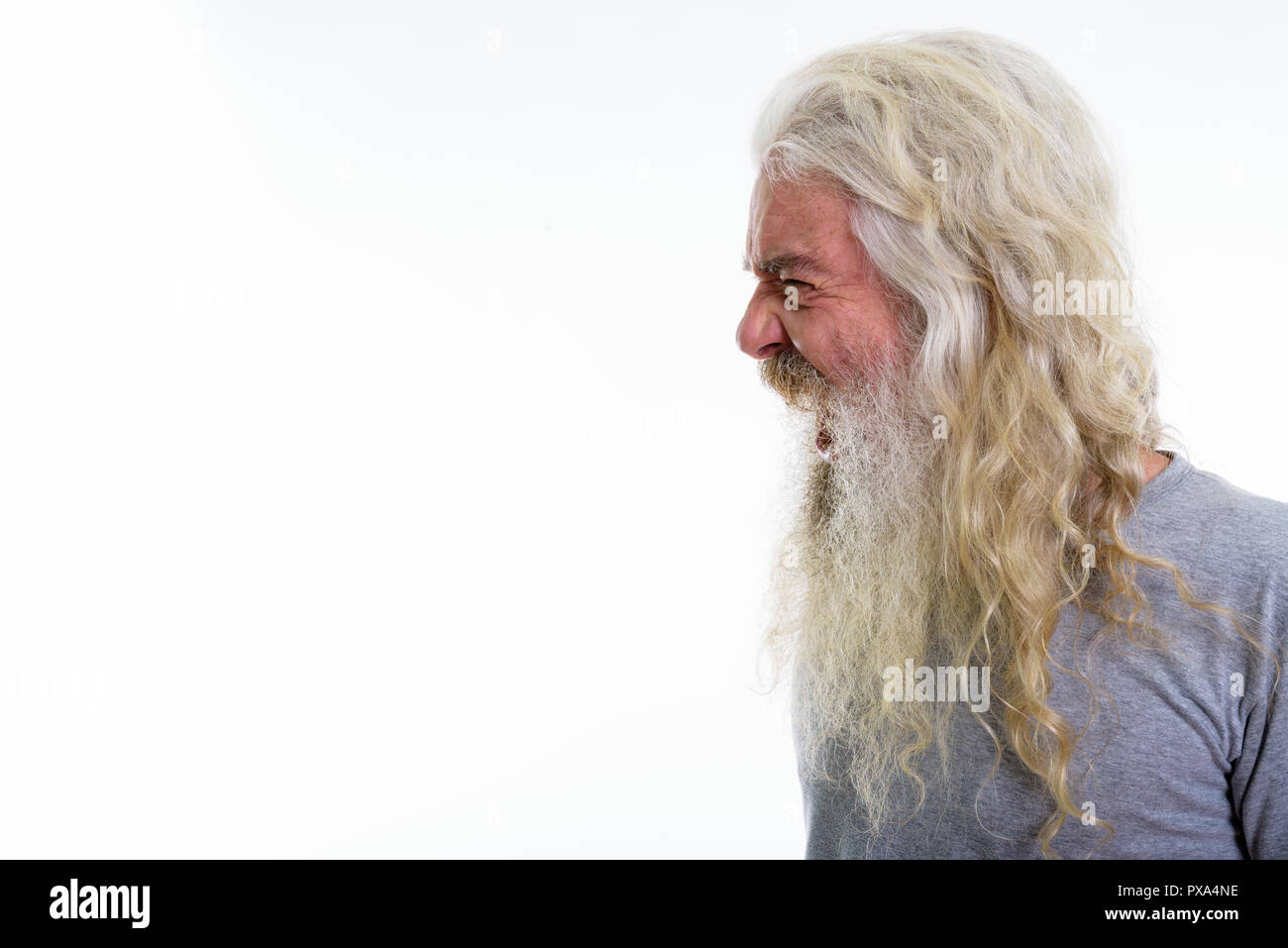 Profile view of angry senior bearded man looking furious while s Stock Photo