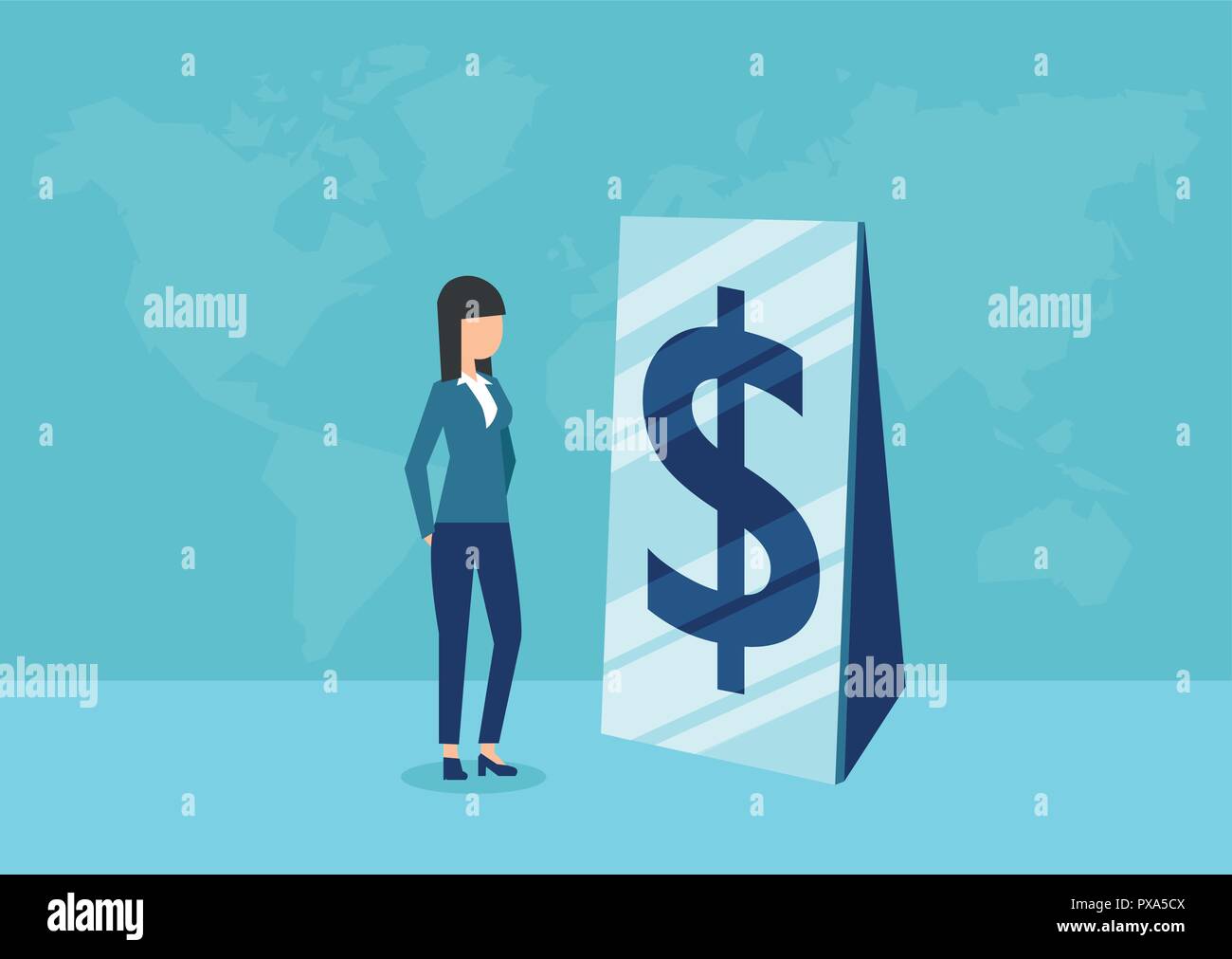 Vector of a business woman looking in a mirror with dollar sign reflection Stock Vector