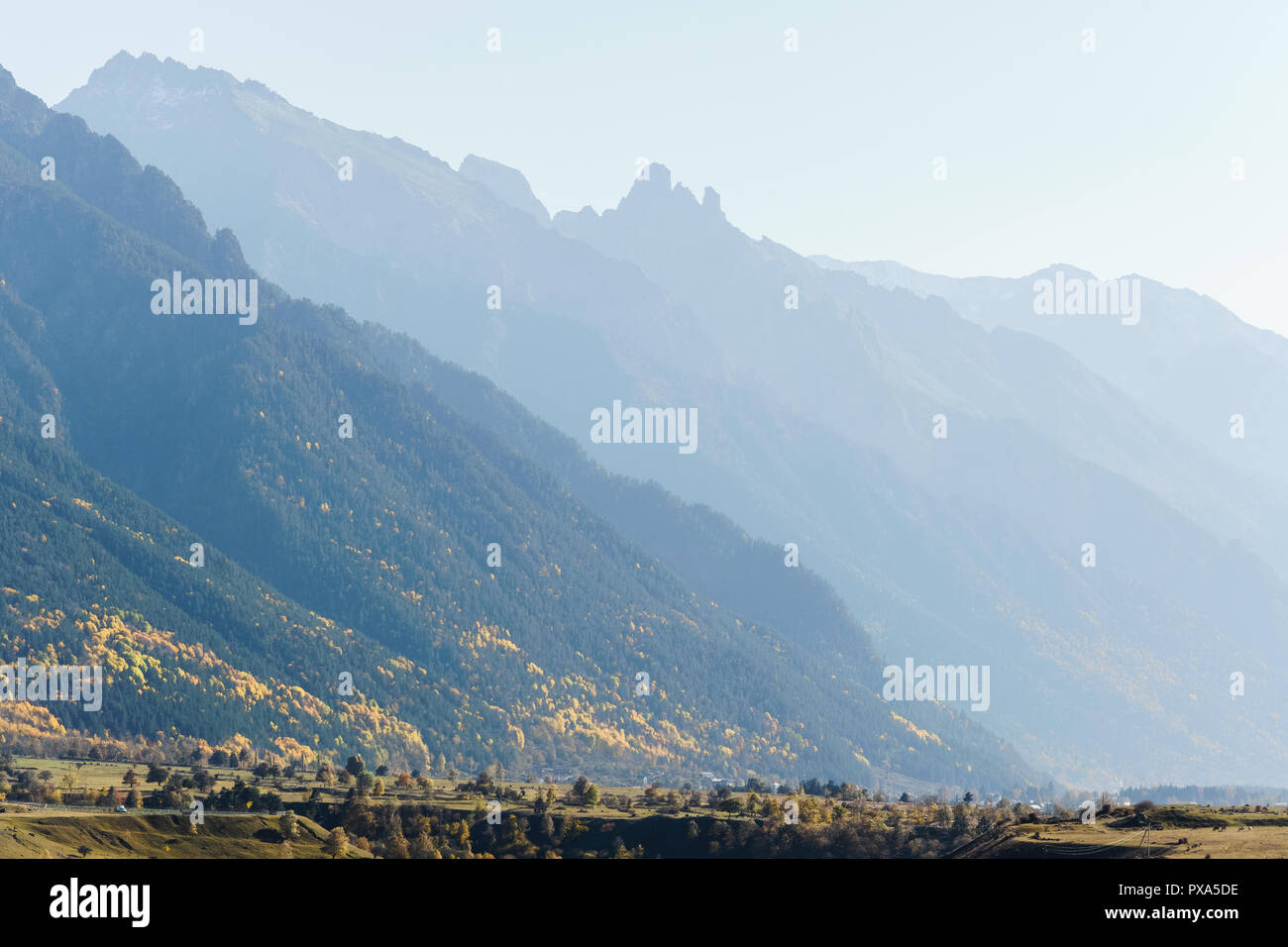 Mountain autumn landscape in the fog with colorful forest and high ...