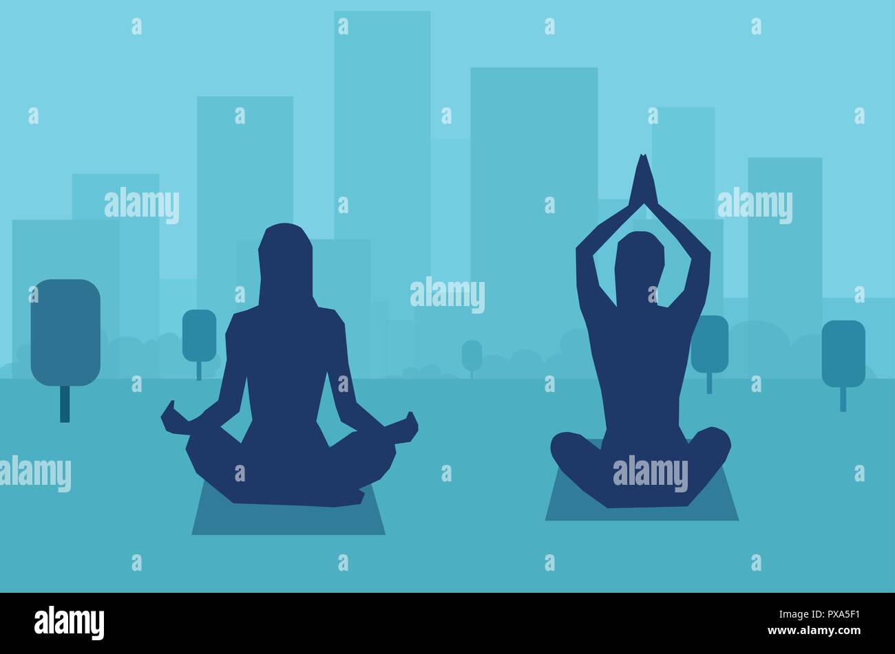 Vector image of female silhouette meditating in peace on background of city Stock Vector