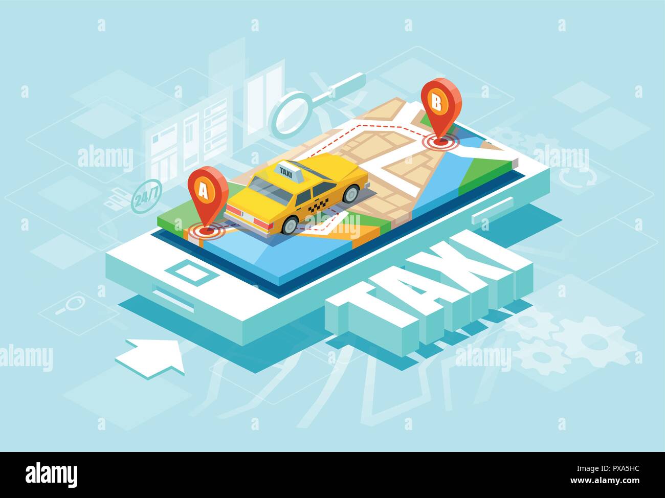 Isometric location mobile geo tracking. Online Taxi oder service app concept. Vector of a yellow cab and GPS route point pins on smartphone Stock Vector