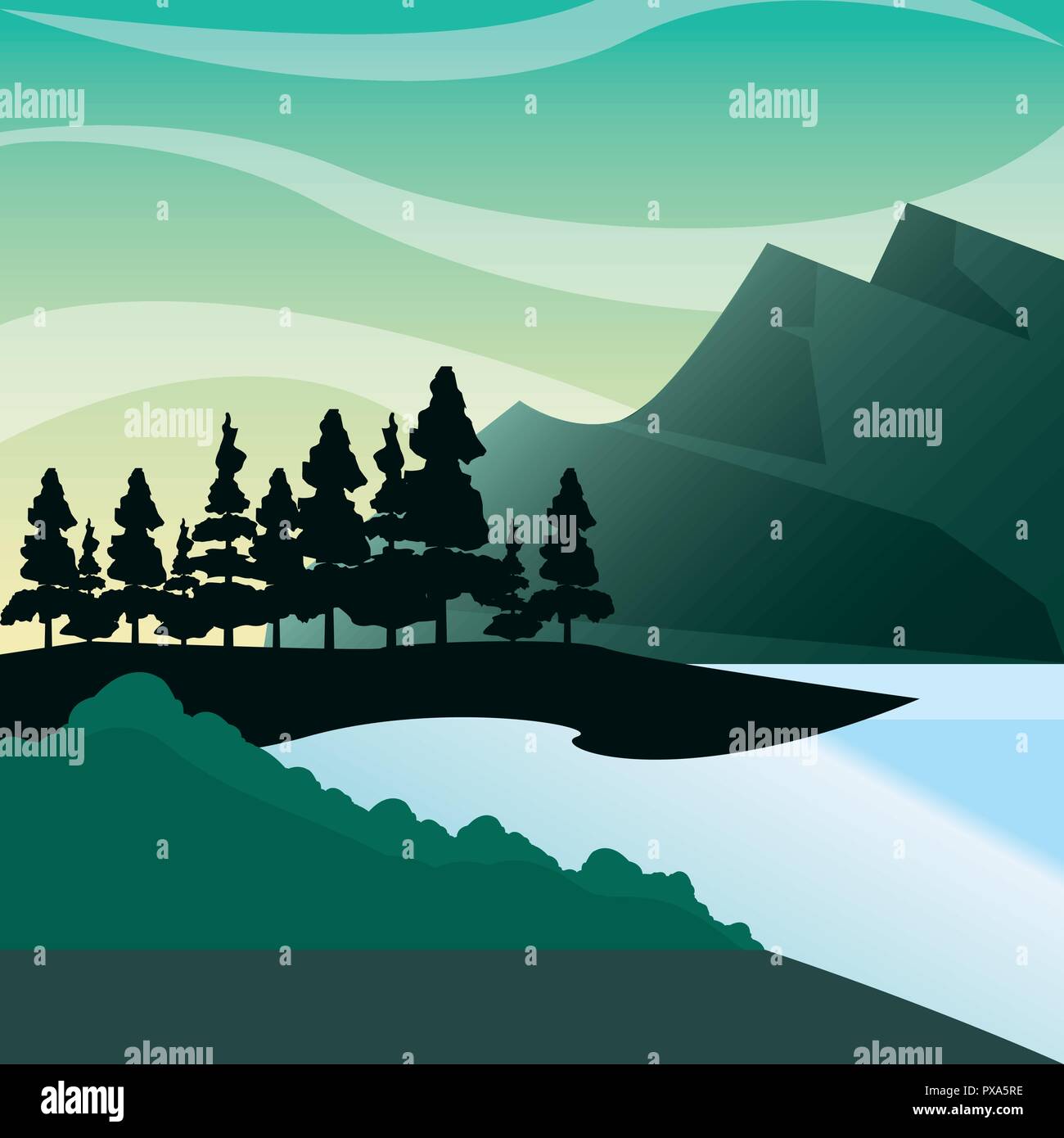 mountains forest pine bush lake natural landscape vector illustration ...