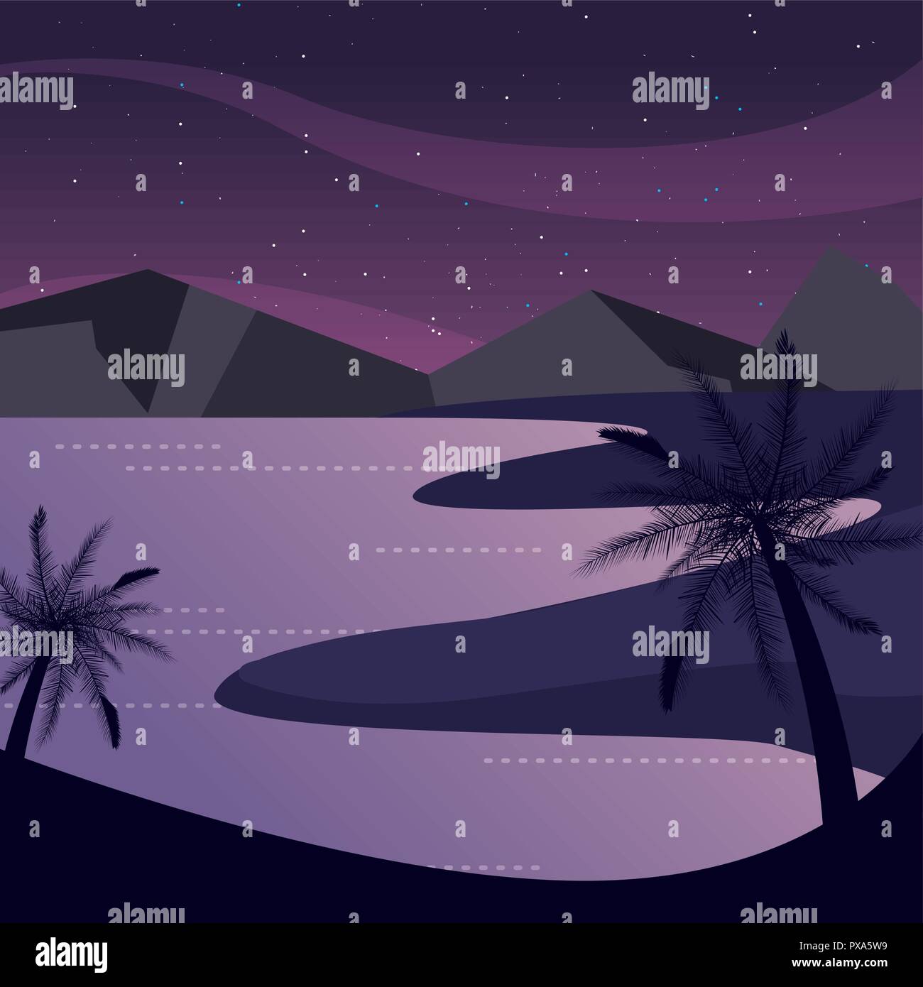 tropical palms beach night scene natural landscape vector illustration ...