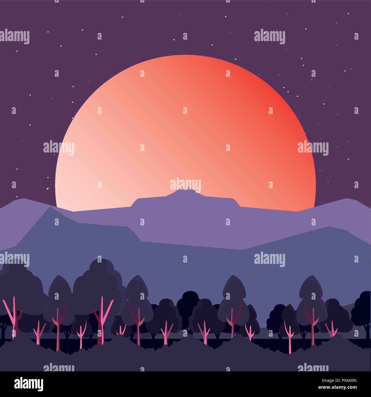 trees sunset mountains natural landscape vector illustration Stock ...
