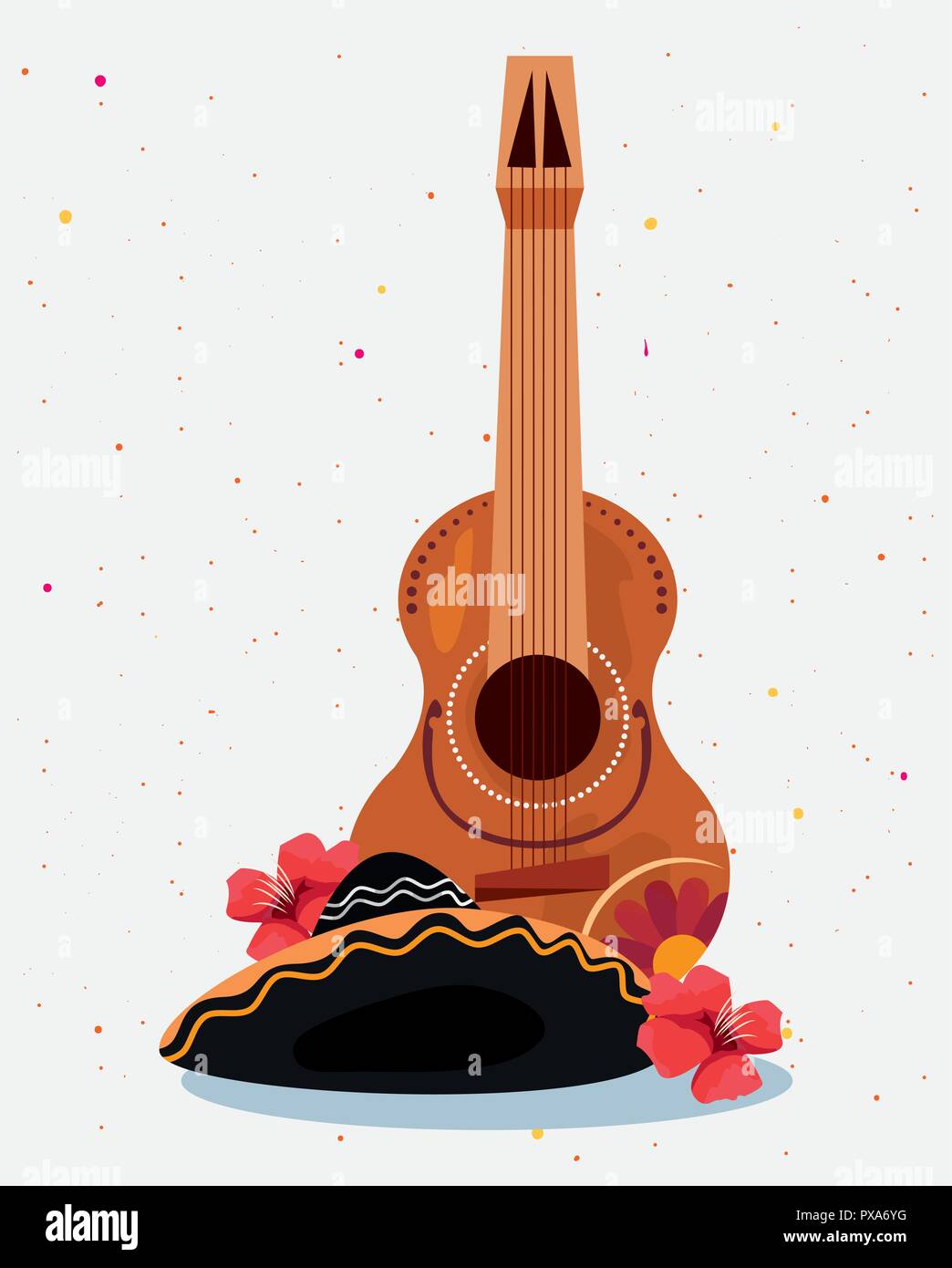 day of the dead mexican hat guitar music flowers vector illustration ...