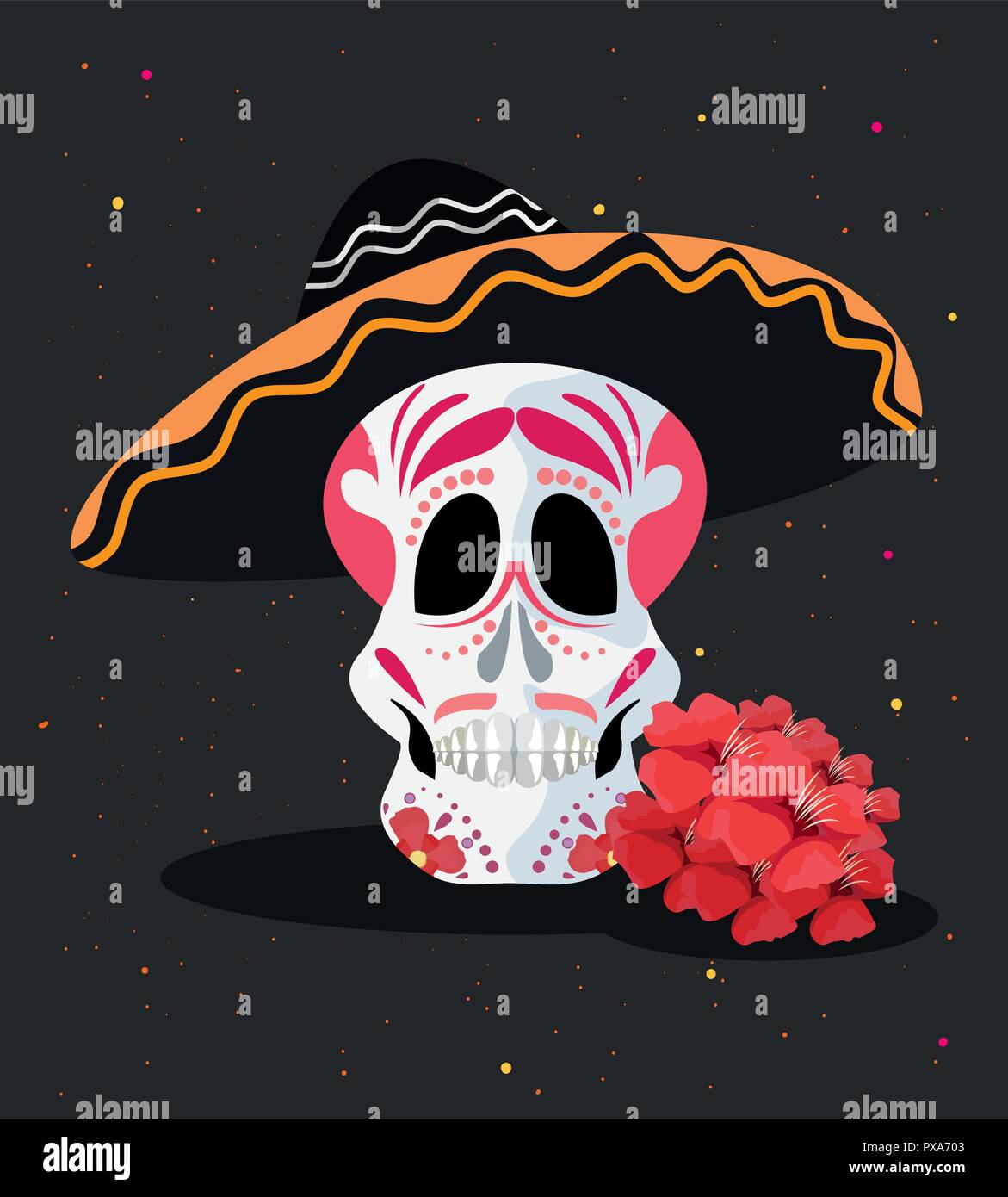 day of the dead skull using mexican hat red flowers vector illustration ...