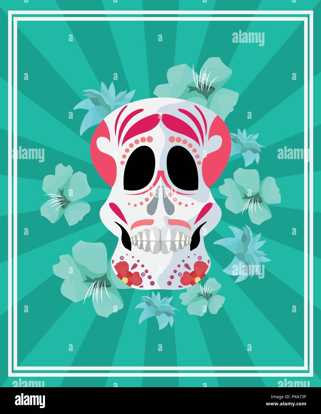 day of the dead skull frame blue flowers vector illustration Stock ...