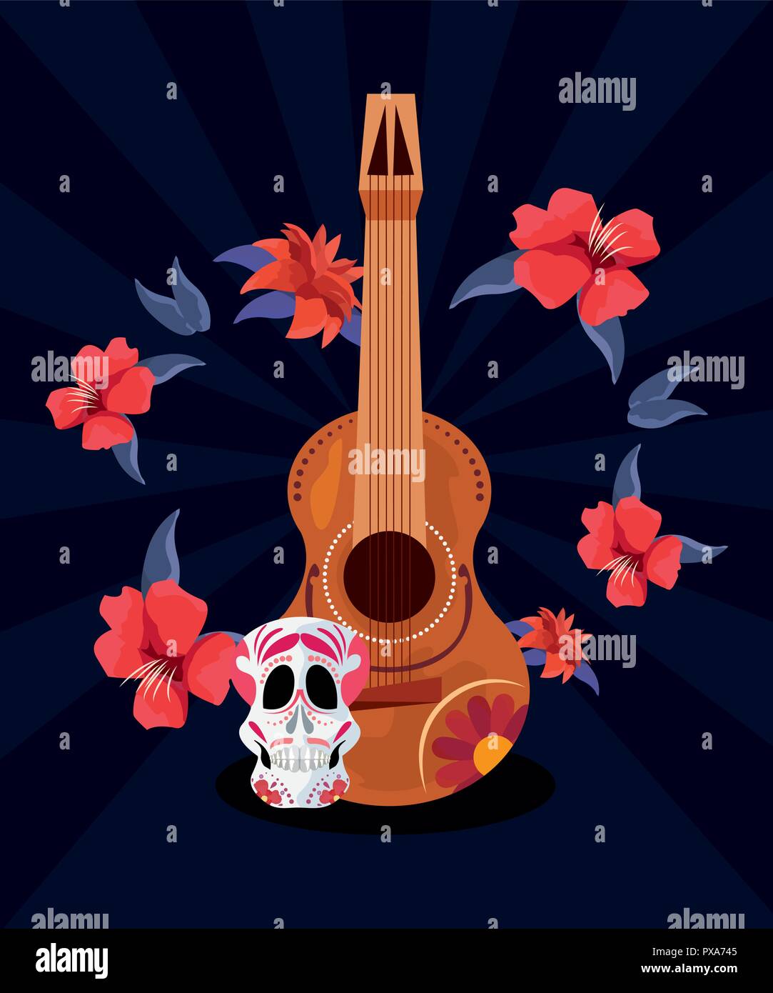 day of the dead leaves flowers guitar skull color vector illustration Stock  Vector Image & Art - Alamy