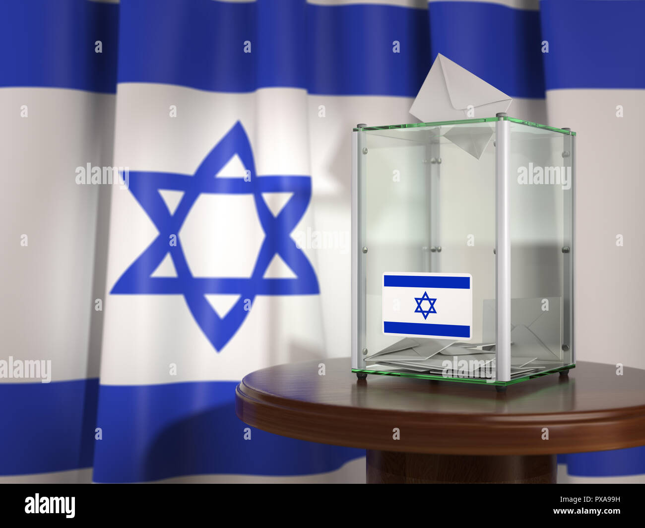 Ballot box with flag of Israel and voting papers. Israelitish presidential or parliamentary election.  3d illustration Stock Photo