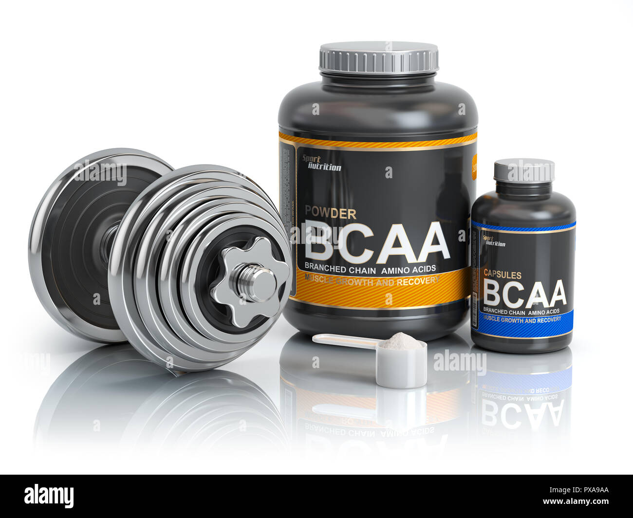 BCAA branched-chain amino acid with scoop and dumbbell.Bodybuilder ...