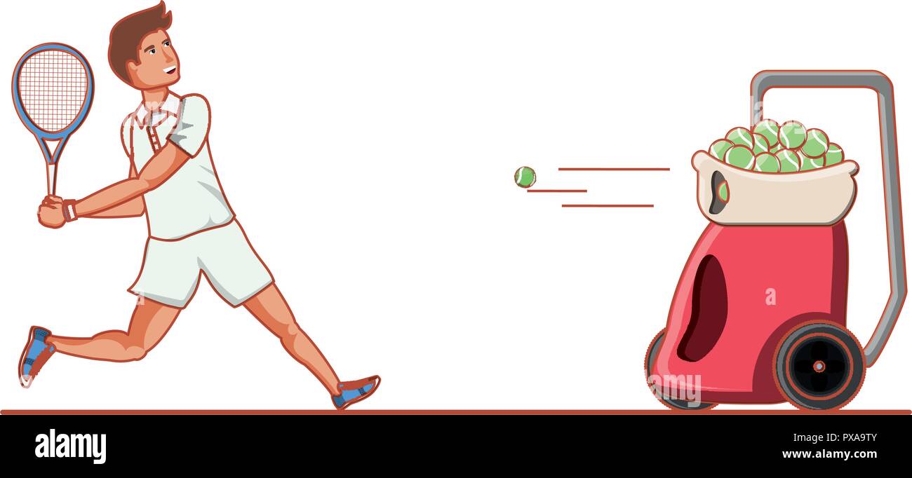 man tennis playing with ball throwing machine vector illustration design Stock Vector Image