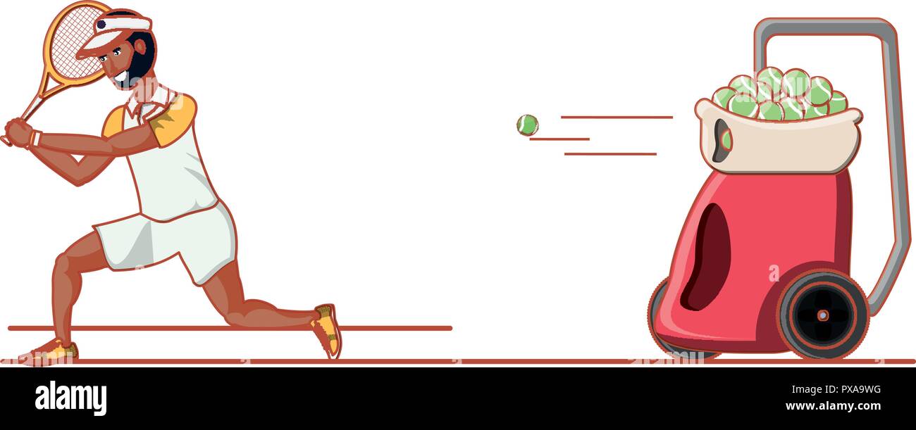 man tennis playing with ball throwing machine vector illustration