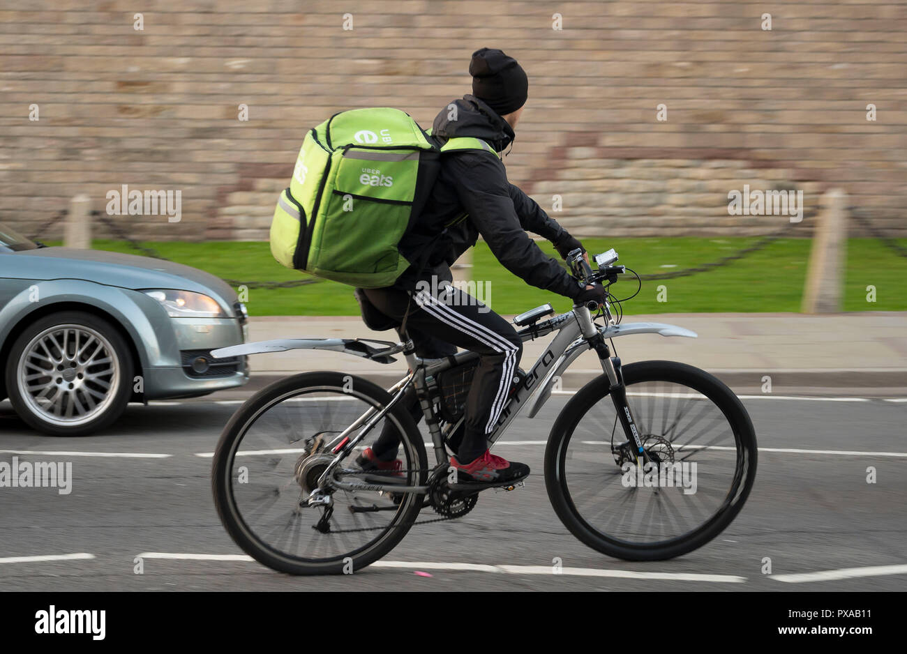 A Uber Eats Driving Is Seen Cycling A Push Bike Through Cardiff City Centre In Cardiff Wales Uk Stock Photo Alamy