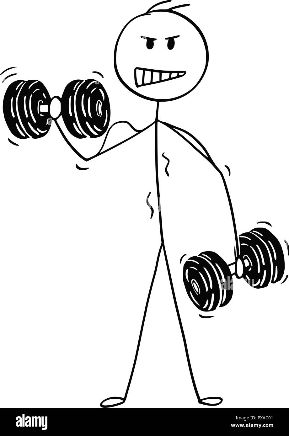 Cartoon of Muscular Man Lifting Two Dumbbells Stock Vector