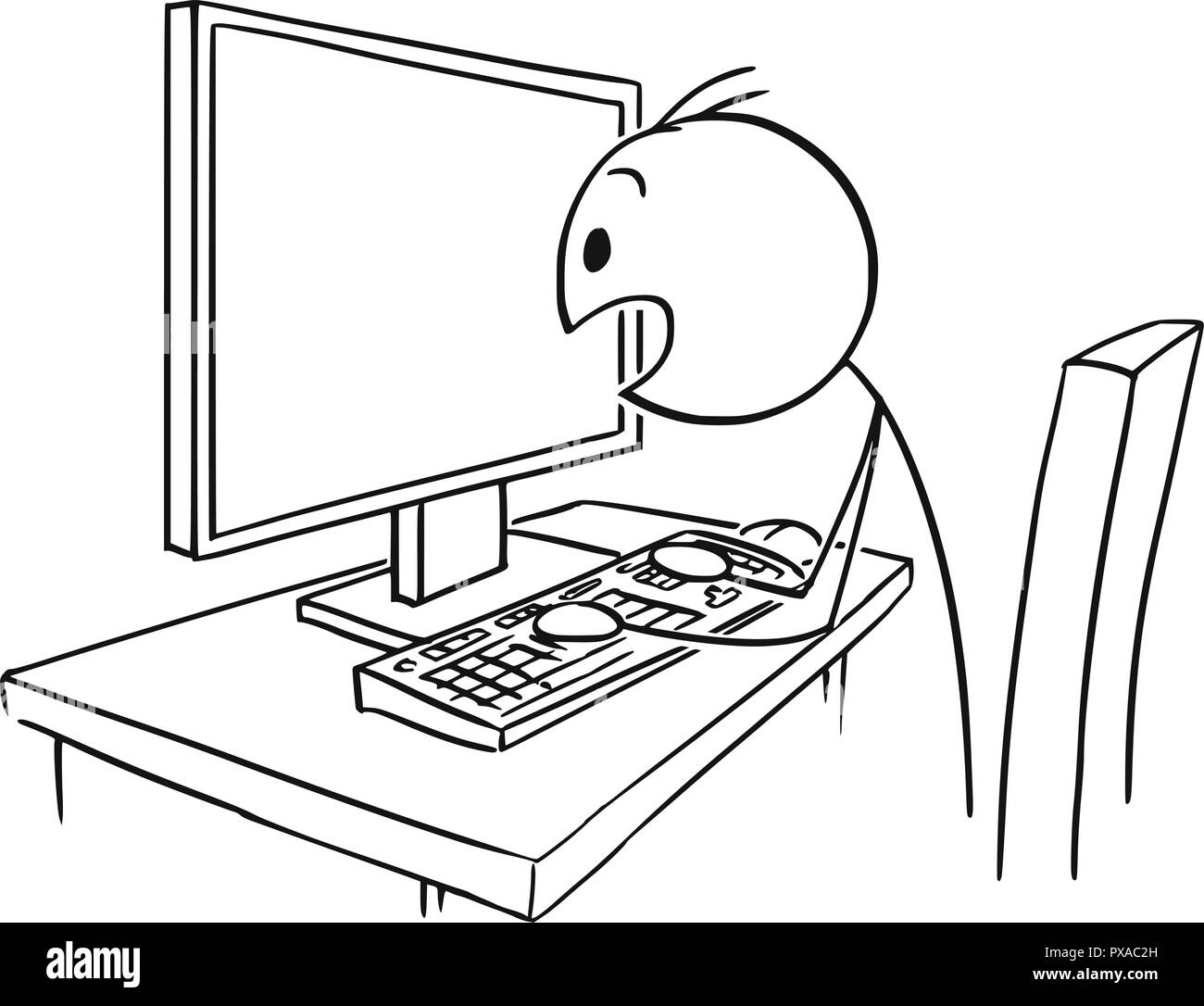Cartoon of Man or Businessman Watching Computer Screen in Panic Stock Vector