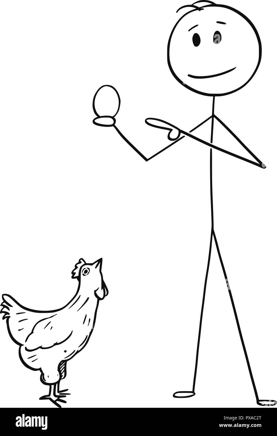 Cartoon of Man Holding Egg and Hen or Chicken is Watching Him Stock Vector