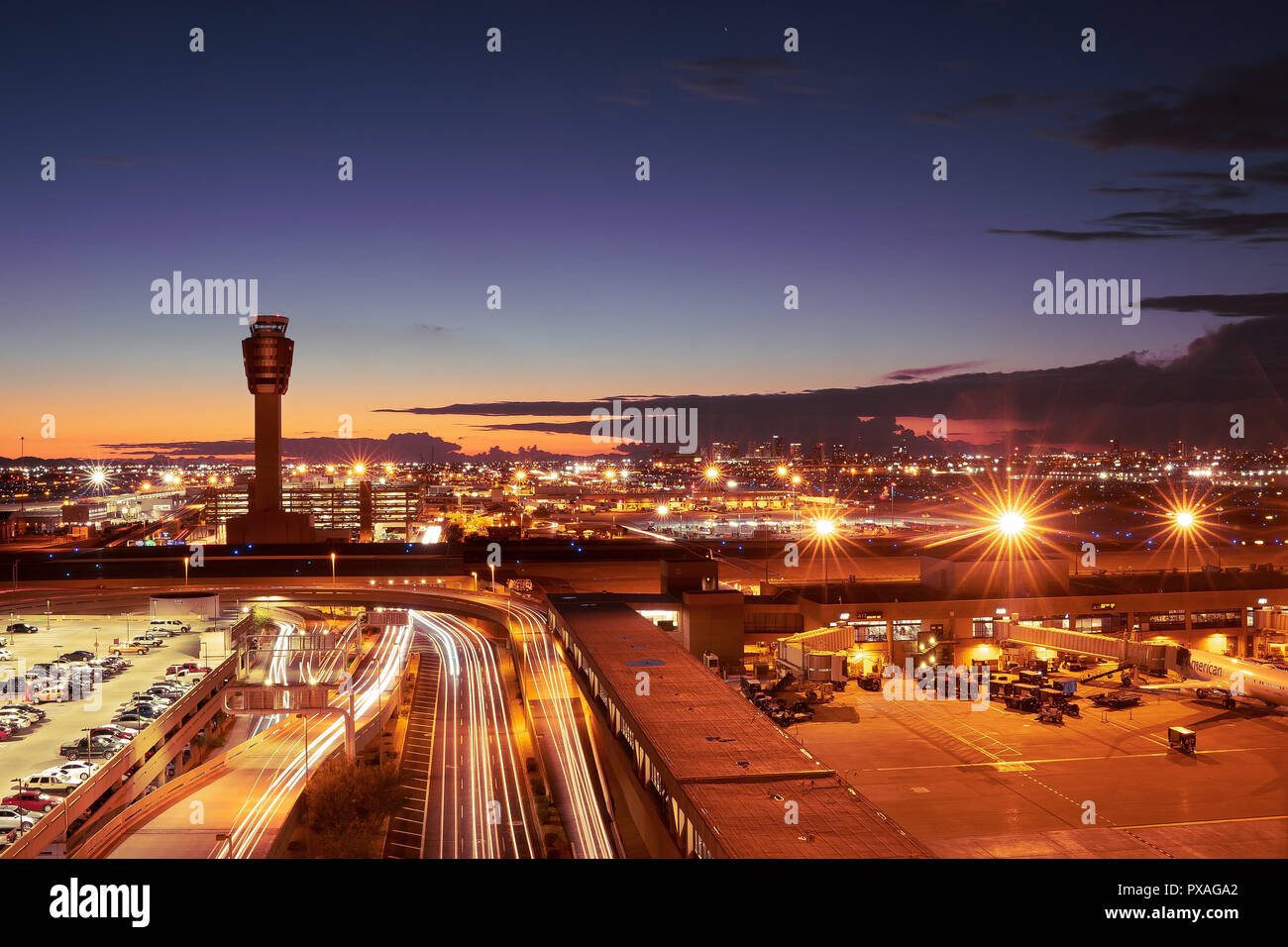 Night time view of Phoenix, Arizona skyline, long exposure Stock Photo