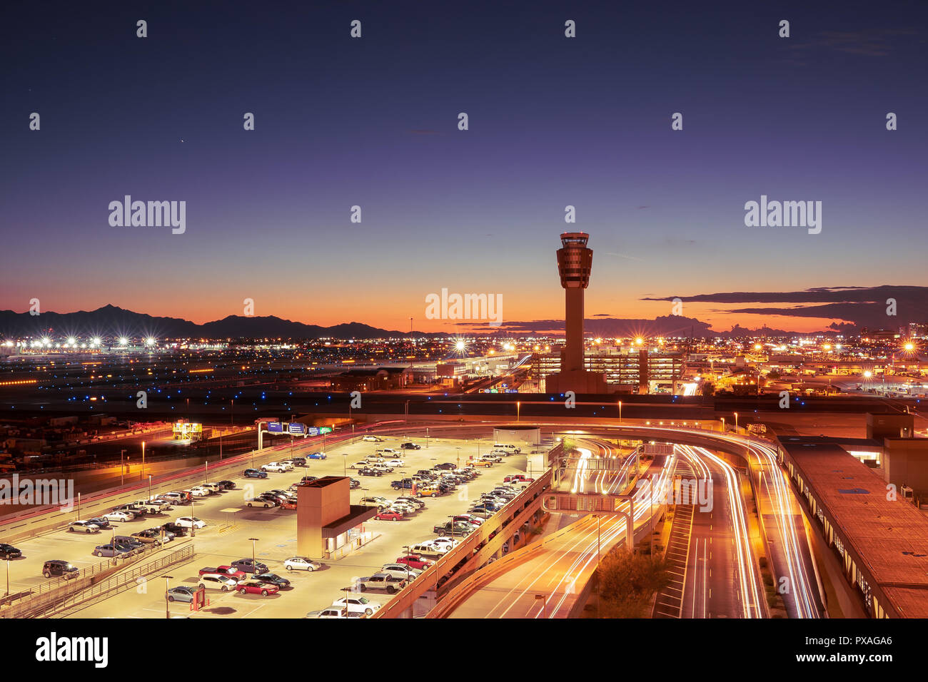 Night time view of Phoenix, Arizona skyline, long exposure Stock Photo