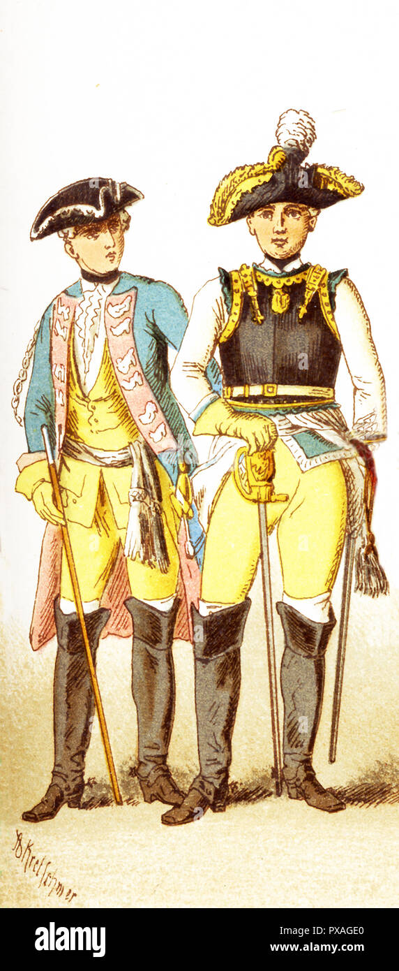 The Figures represented here are both Germans in 1700s and are, from left to right: an officer of dragoons and a general of cuirassiers. The illustration dates to 1882. Stock Photo