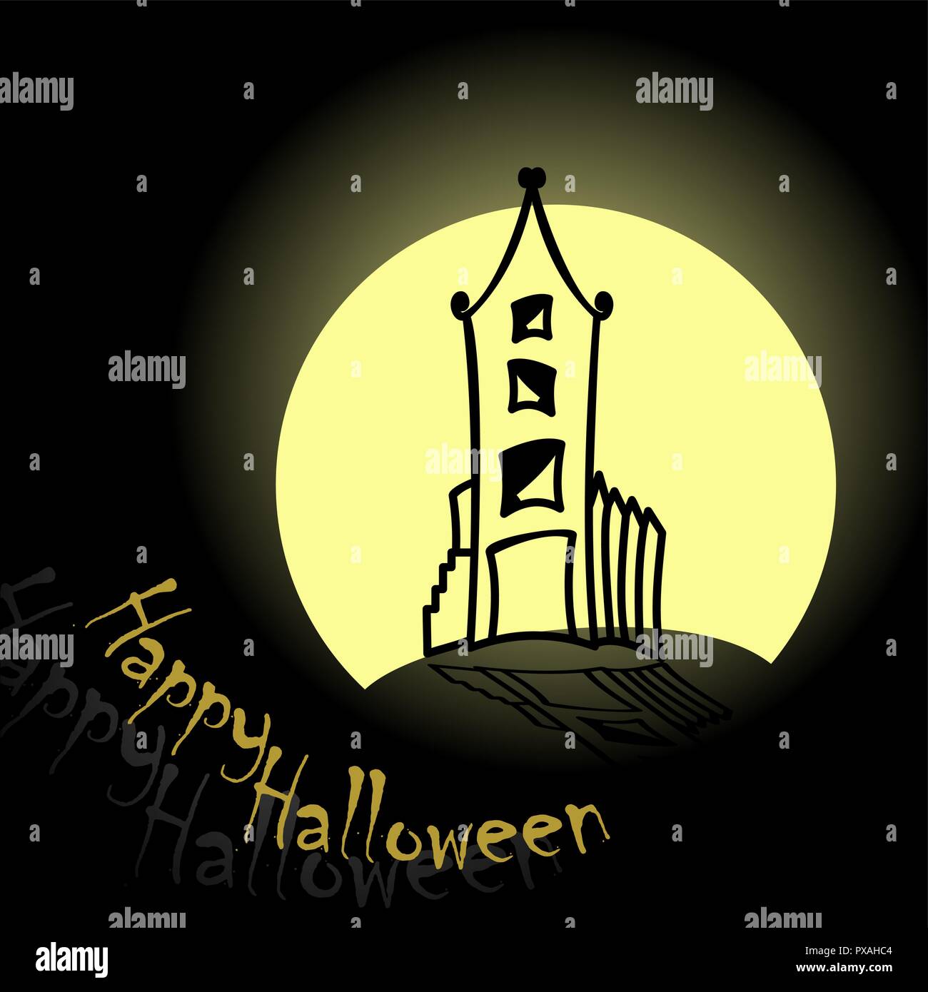 Halloween pumpkins and dark castle on blue Moon background ...