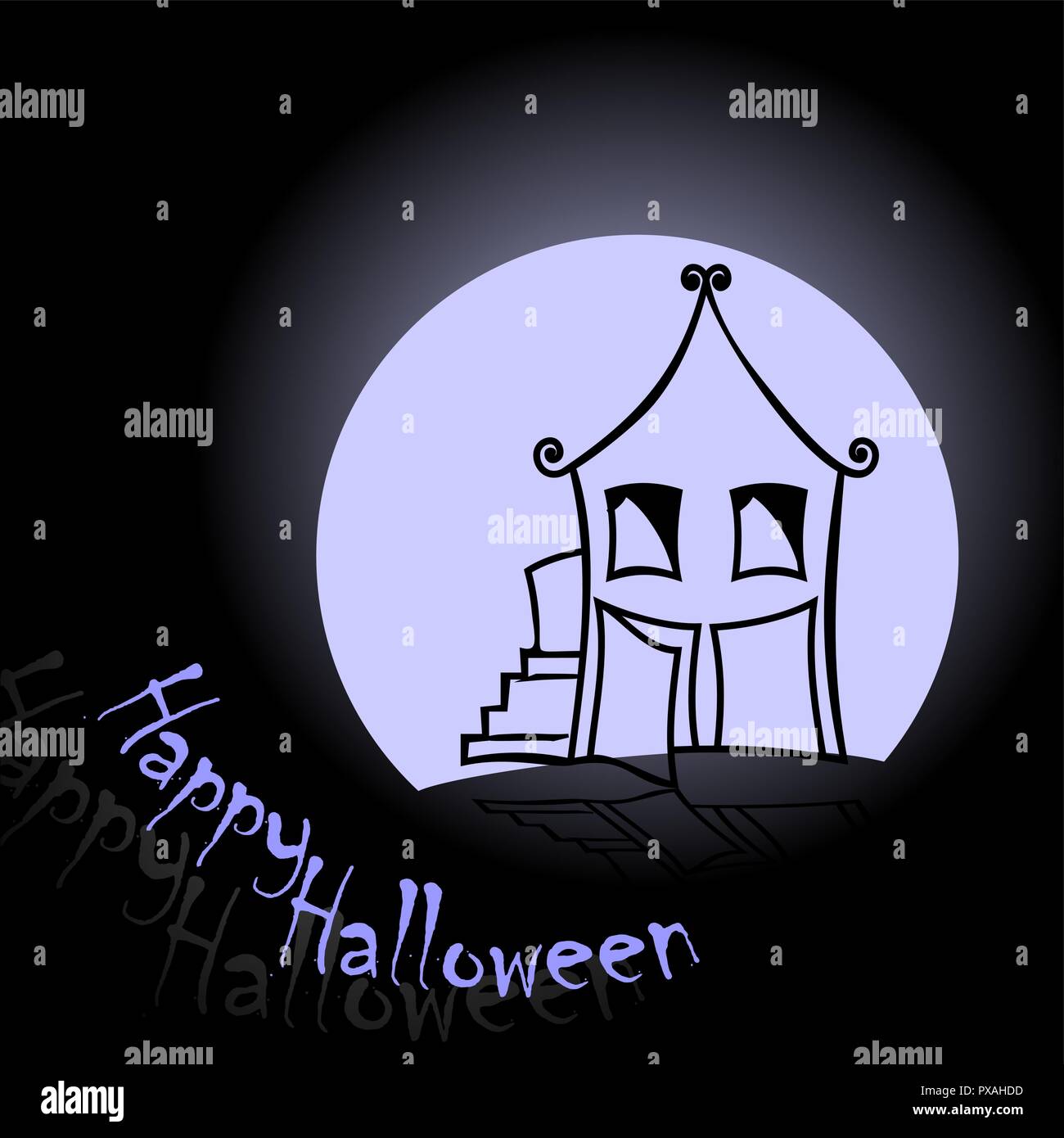 Halloween pumpkins and dark castle on blue Moon background ...