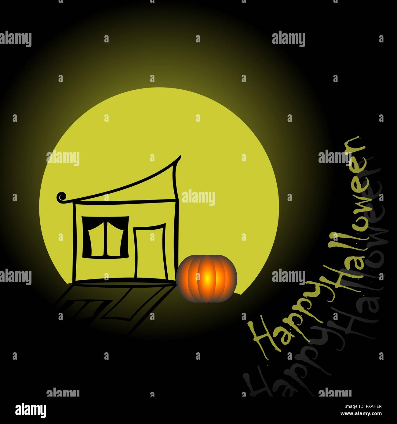 Halloween pumpkins and dark castle on blue Moon background ...